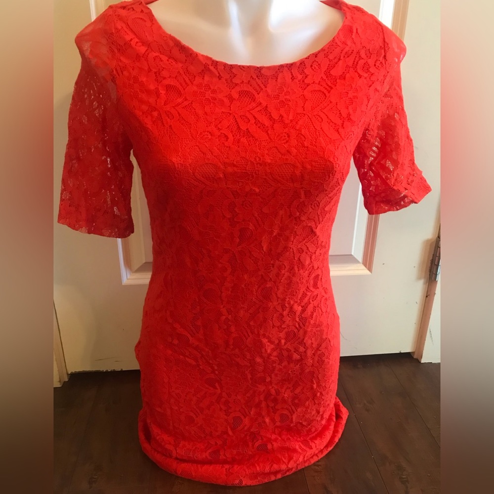 Orange Lace Overlay Short Sleeve Midi Dress size Medium